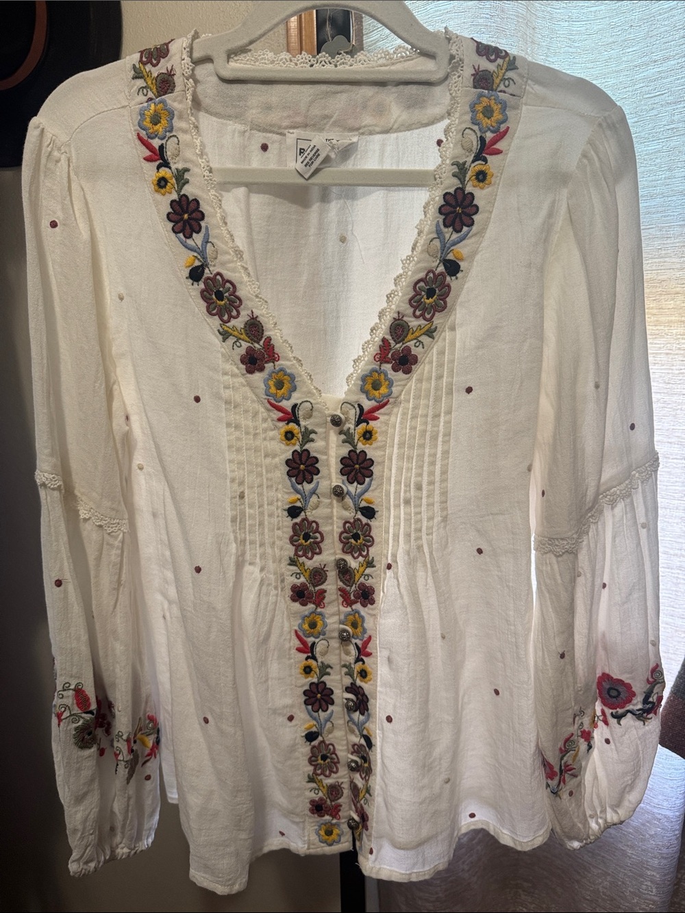 For The Republic White Long Sleeve Embroidered Peasant Blouse